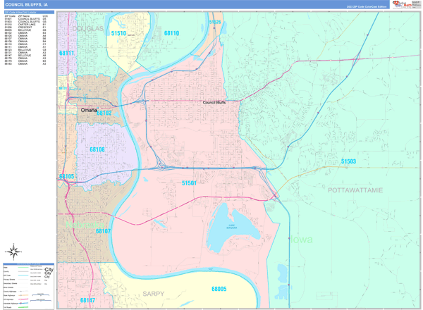Council Bluffs City Wall Map Color Cast Style